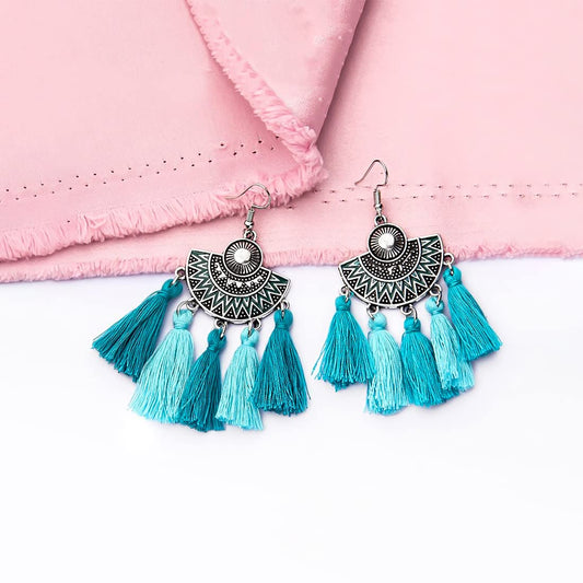 Kairangi Earrings for Women and Girls | Fashion Silver Oxidised Looks Green Fabric Tassel Earring | Silver Tone Tassel Western Earrings | Birthday Gift for Girls and Women Anniversary Gift for Wife