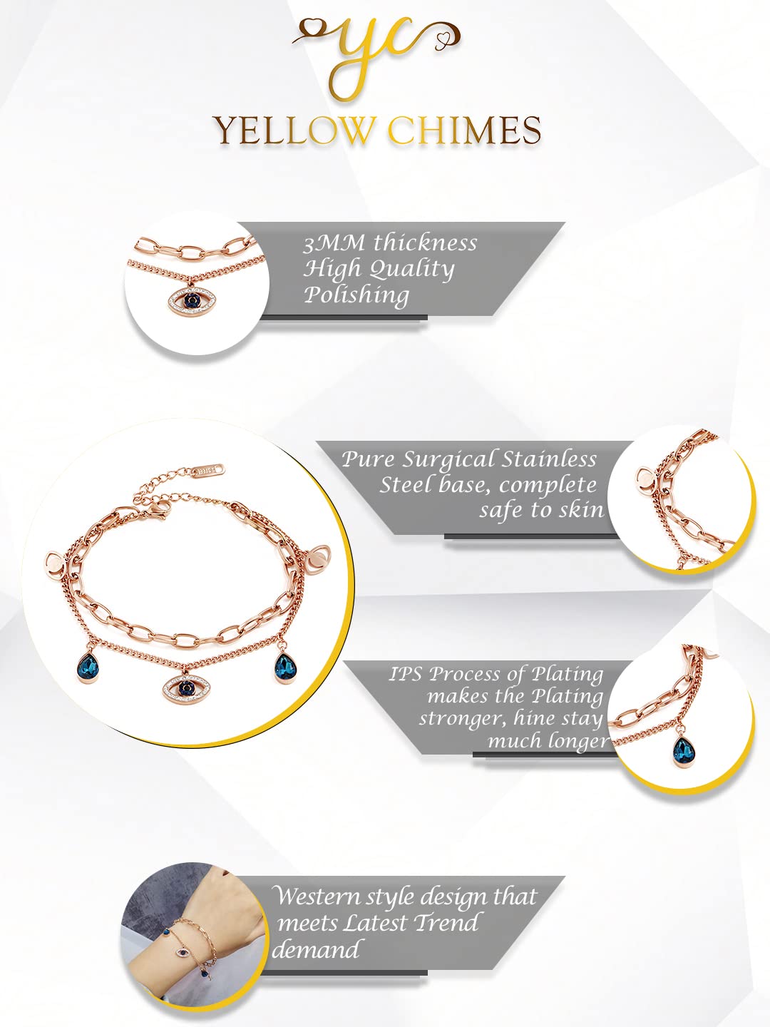 Yellow Chimes Evil Eye Bracelet for Women Rose Gold-Plated Crystal Studded Link Chain Charm Bracelet For Women and Girls