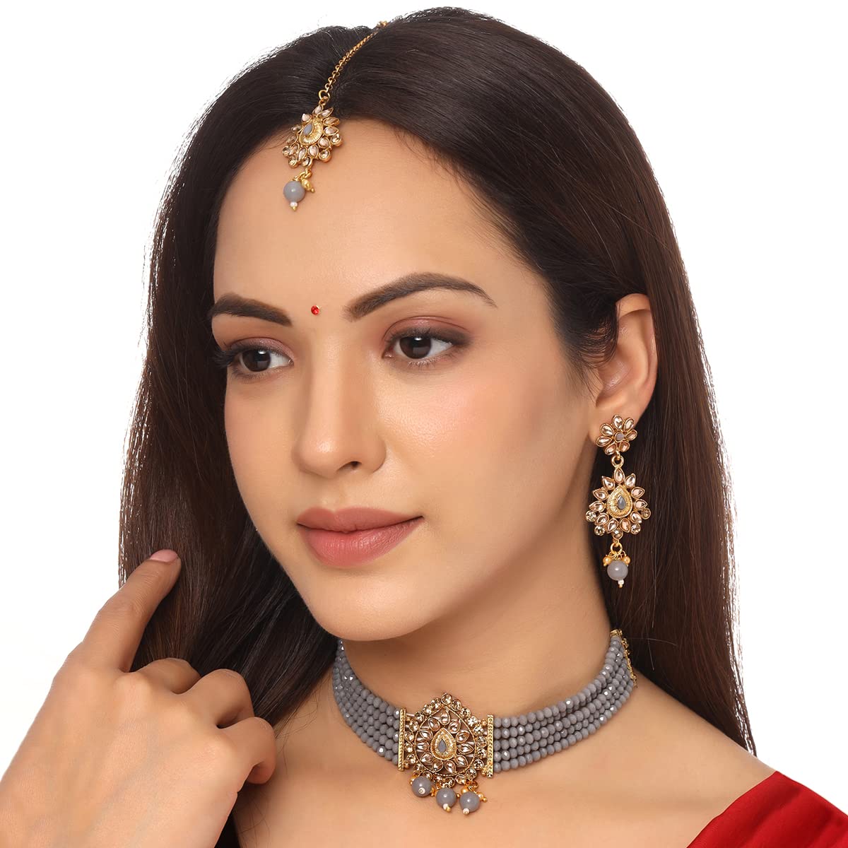 Yellow Chimes Jewellery Set For Women Kundan studded Choker Set With Earrings and Mangtikka For Women and Girls