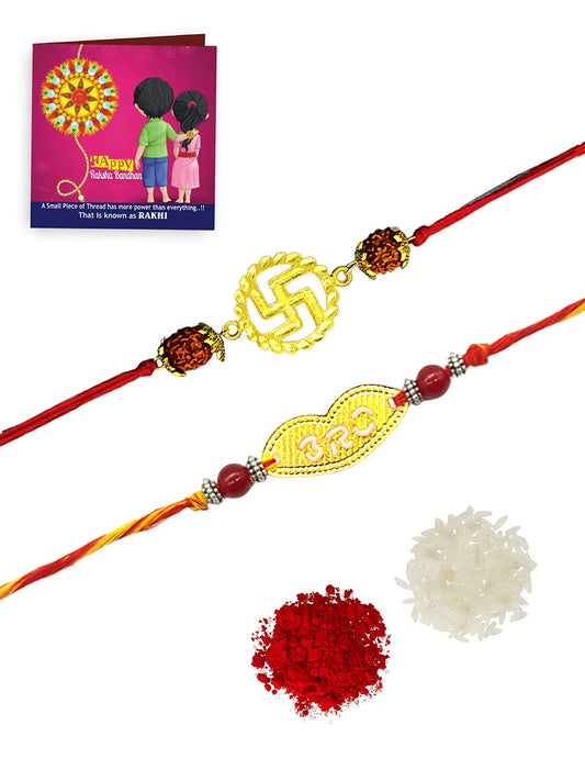 Yellow Chimes Set of 2 Pcs Handmade Dori Worked Gold Toned Swastik and BRO Engraved Design Rudraksh Rakhi for Brother with Roli & Chawal, Red, Gold, Medium (YCTJRK-12BHAY-GL) for Men