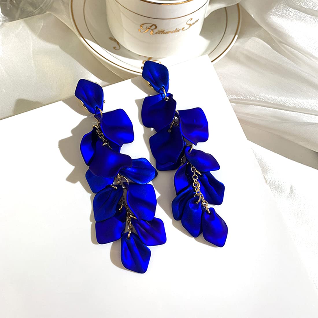 Yellow Chimes Elegant Latest Fashion Gold Plated Royal Blue Colour Flower Petals Design Dangler Earrings for Women and Girls, Medium (Model Number: YCFJER-PETLDNG-BL)