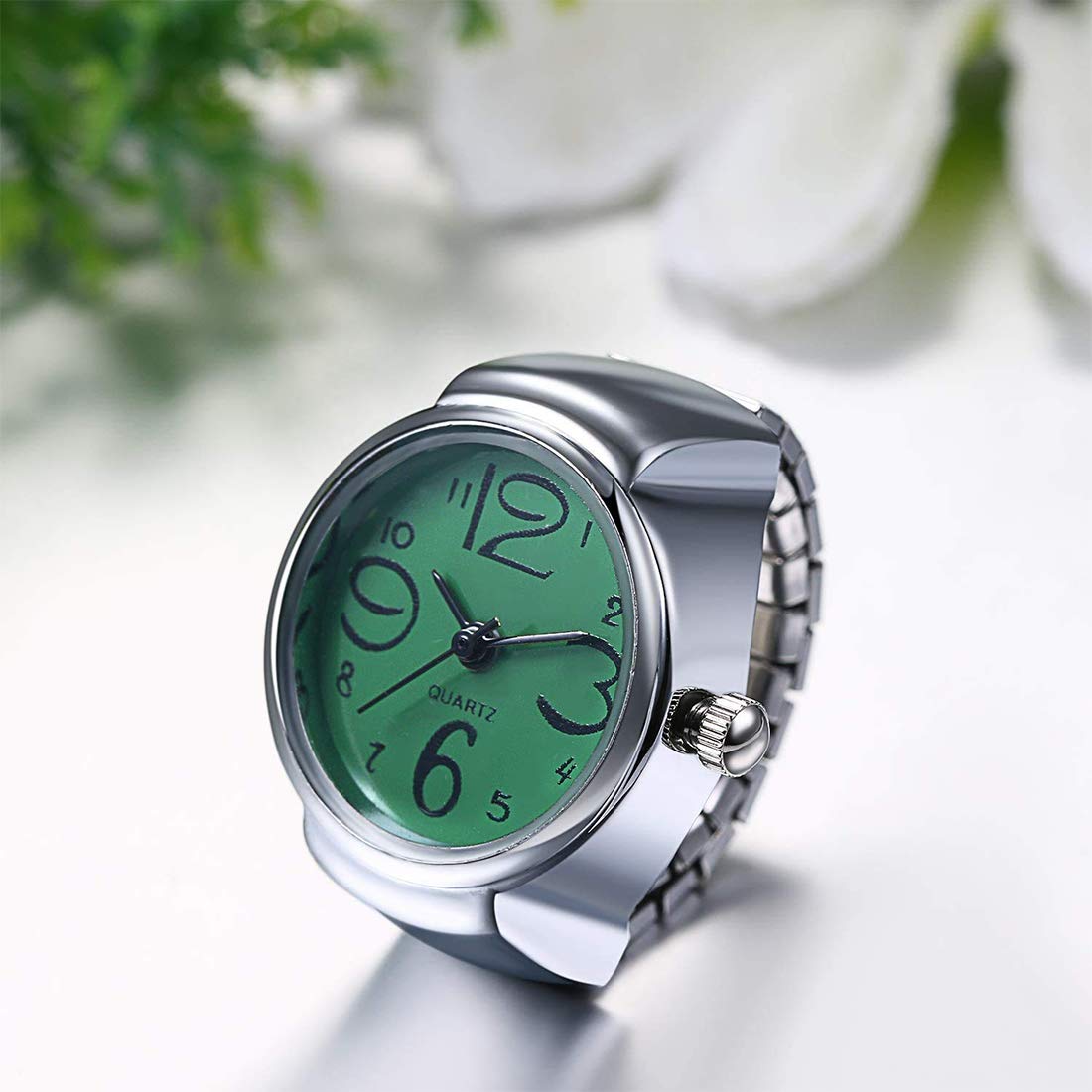 Yellow Chimes Rings for Women Stainless Steel Green Dial Analog Watch Ring Stretchable Ring Watch for Women and Girls.