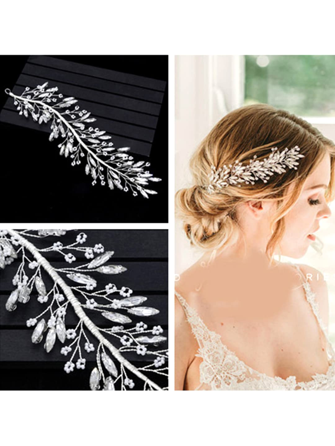 Yellow Chimes Bridal Hair Vine for Women and Girls Bridal Hair Accessories for Wedding Silver Headband Hair Accessories Wedding Jewellery for Women Crystal Bridal Wedding Head band Hair Vine for Girls Headpiece