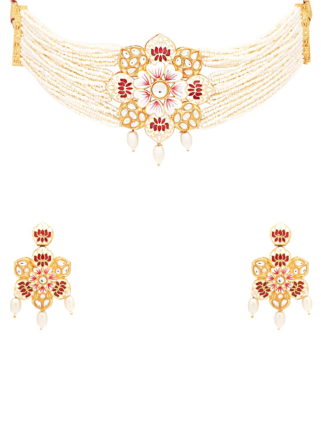 Yellow Chimes Jewellery Set for Women Gold Toned Kundan Studded Pearl Drop with Beads White Meeanakari Touch Choker Necklace Set with Earrings for Women and Girls