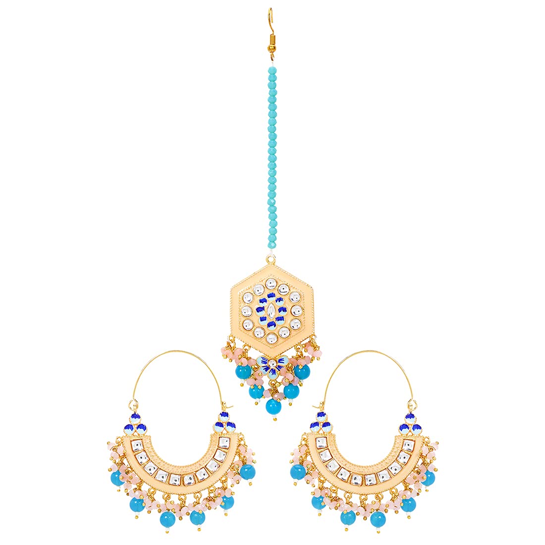 Yellow Chimes Ethnic Gold Plated Traditional Studded Stone Blue Beads Yellow Meenakari Chandbali Earrings with Maangtikka for Women and Girls, Medium, YCTJER-108CNDMGT-MYL