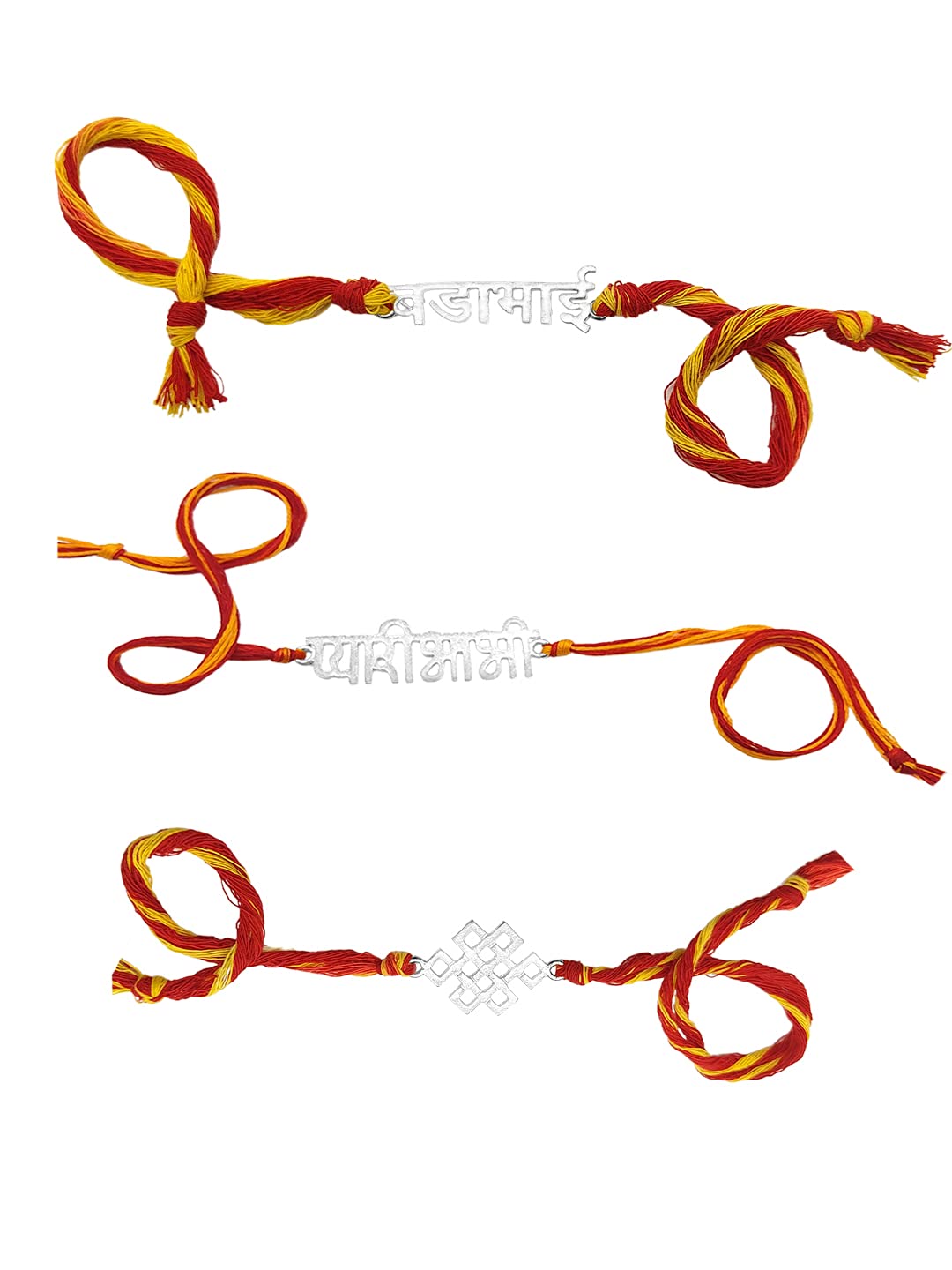 Yellow Chimes Combo of 3 Pcs Handmade Dori Worked Gold Toned Chota Bhai Pyari Bhabhi and Celtic Design Bhaiya Bhabhi Rakhi with Roli & Chawal, Red, Gold, Medium (YCTJRK-08BAIBHIB-C-GL) for Men