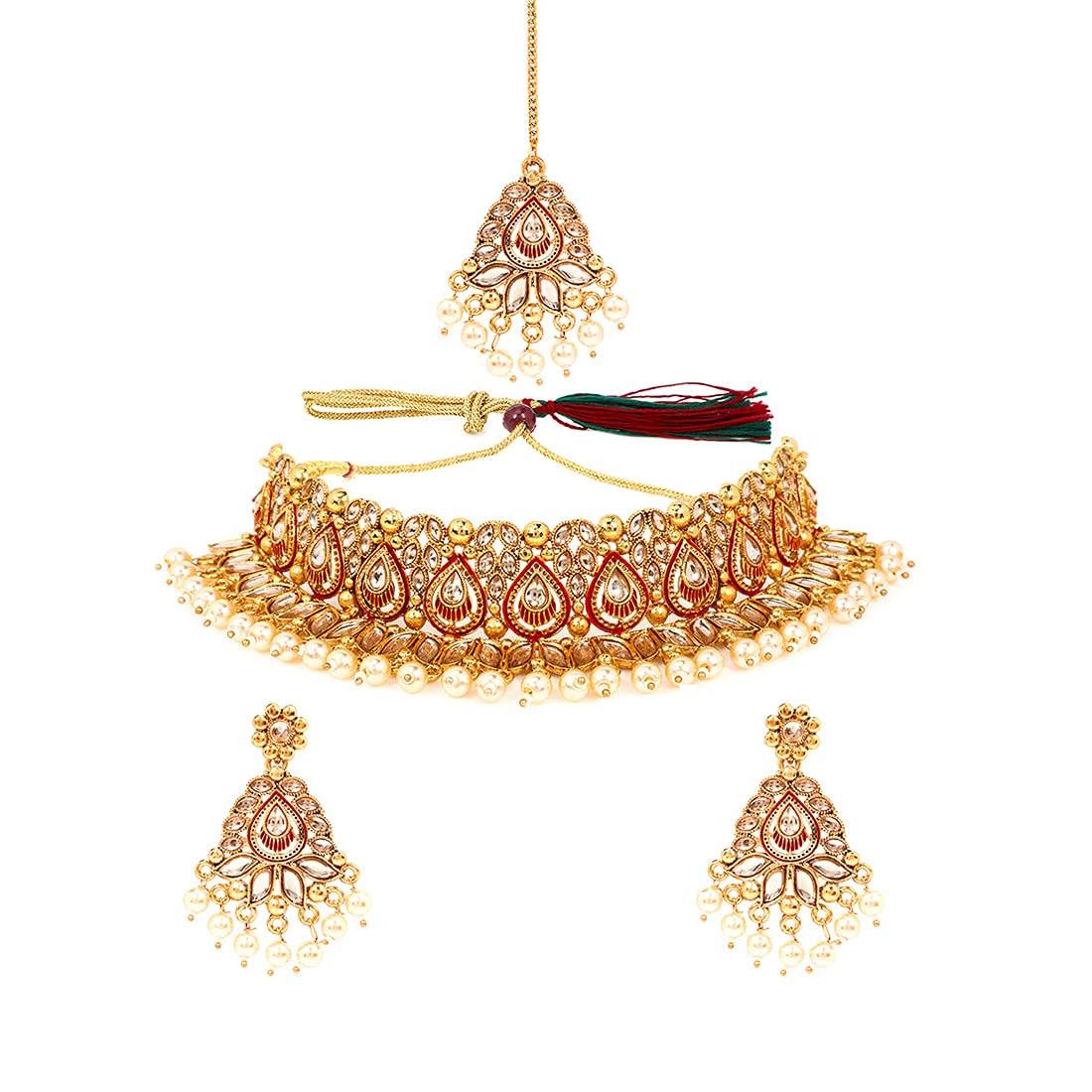 Yellow Chimes Gold Plated Traditional Kundan Studded Moti Beads Choker Necklace Set with Dangle Earrings and maang Tikka Bridal Jewellery Set, Medium, YCTJNS-15KUDLEF-GL