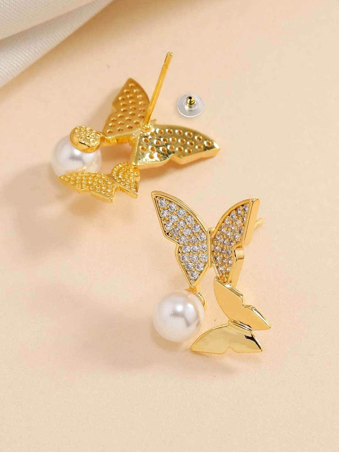 Yellow Chimes Earrings For Women Gold Tone Double Butterfly Attached Crystal Studded With White Pearl Drop Earrings For Women and Girls