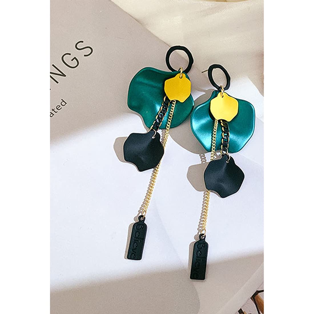 Yellow Chimes Elegant Latest Fashion Gold Plated Green Colour Single Flower Petal Design Multicolor Dangler Earrings for Women and Girls, Medium (YCFJER-SNGPTL-GR)