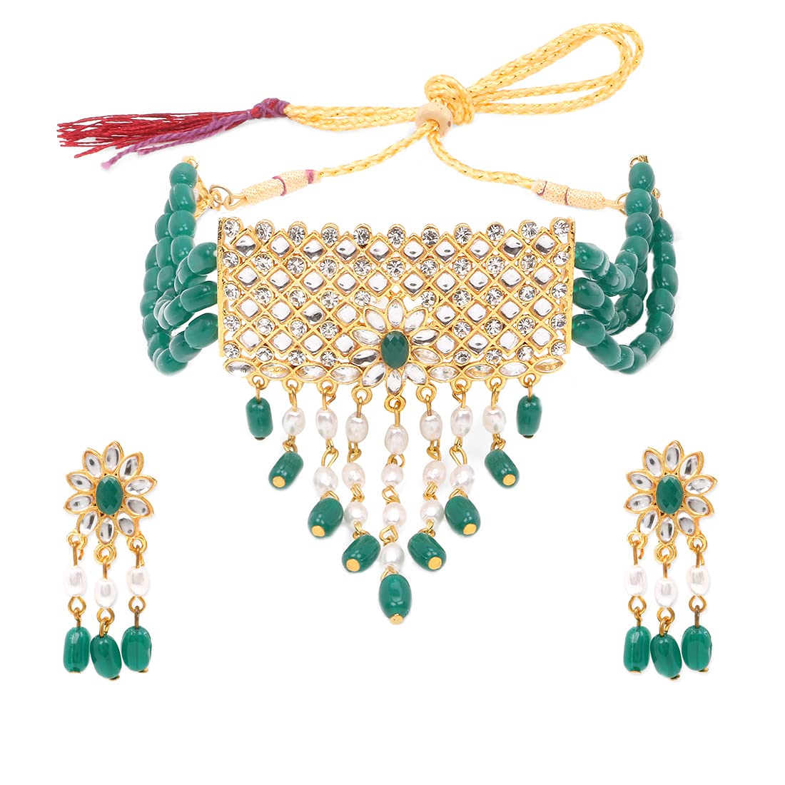 Yellow Chimes Ethnic Green Kundan Studded Stones Multilayer Jewellery Set Gold Plated Traditional Choker Necklace Set for women & Girls (Green)