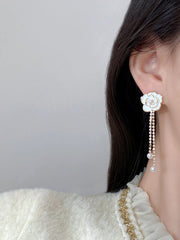 Yellow Chimes Earrings For Women White Flower Stud With Linear Chain Hanging Pearl Drop Dangler Earrings For Women and Girls