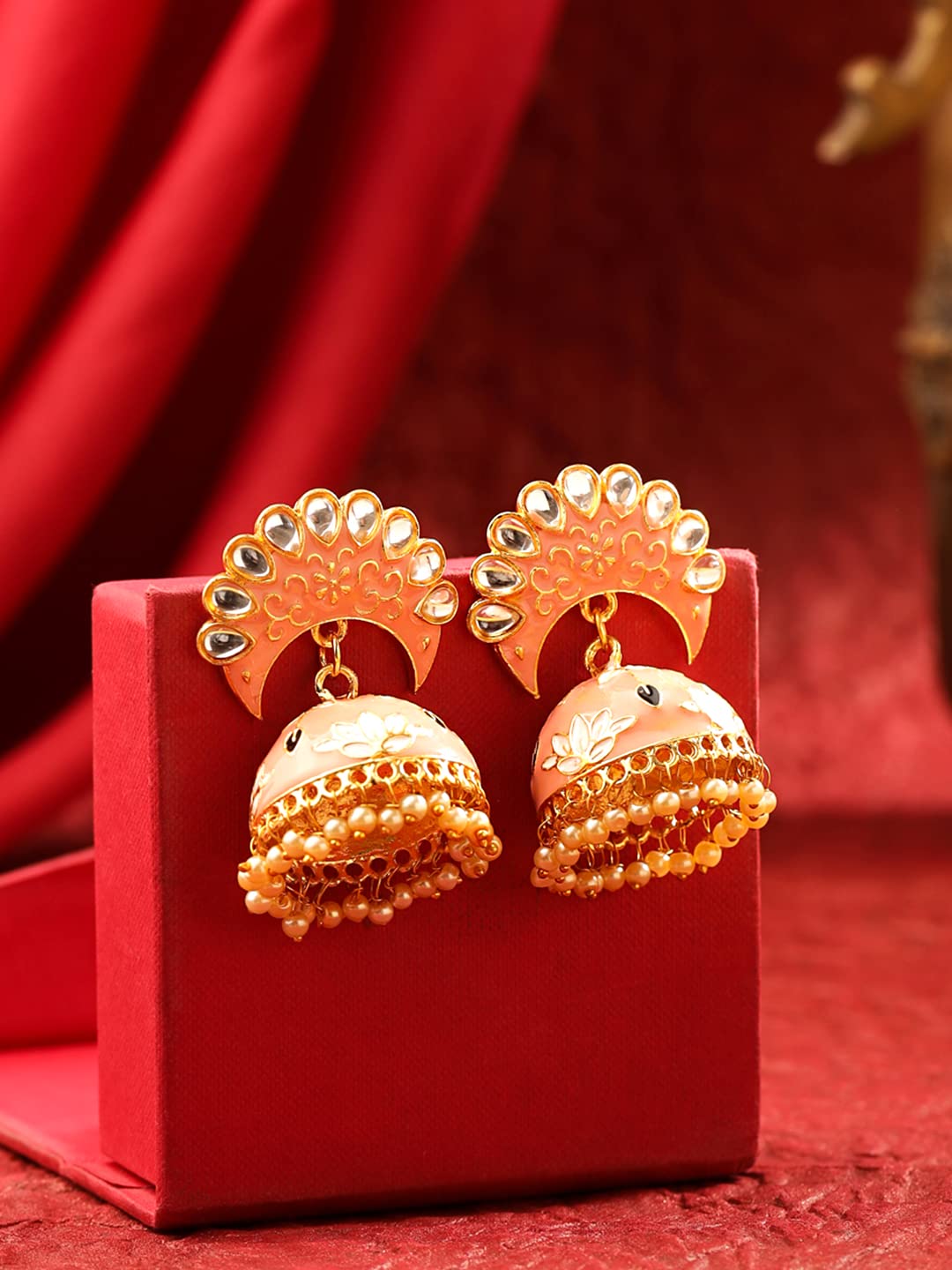 Yellow Chimes Earrings For Women Peach Color Pearl and Stone Studded Meenakari Jhumka Earrings For Women and Girls