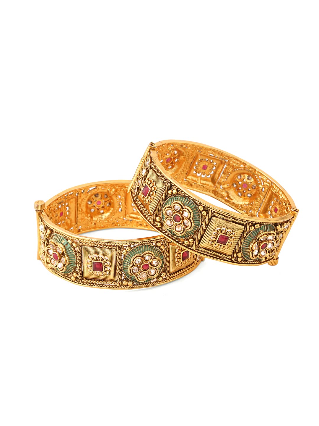 Yellow Chimes Bangles for Women Gold Toned Red Stone Studded Set of 2 Pcs Meenakari Touch Bangles for Women and Girls