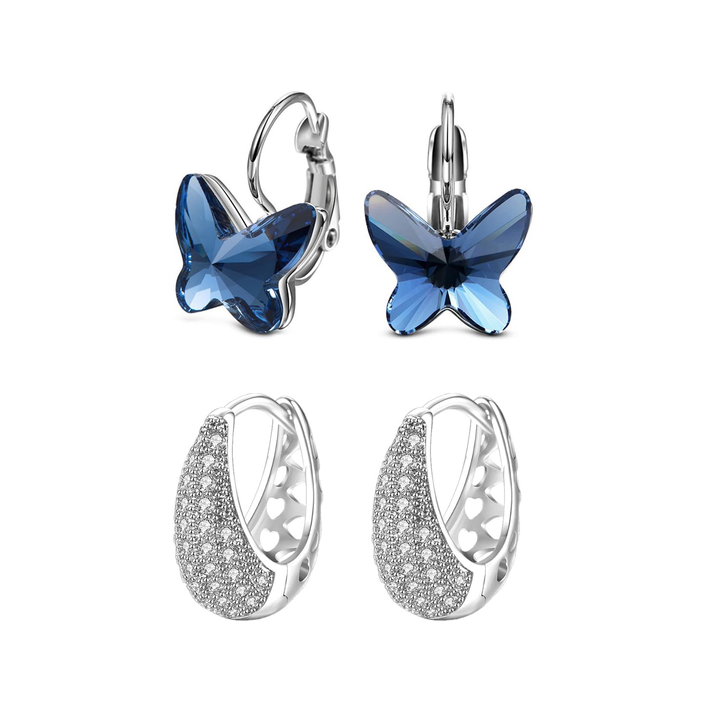 Yellow Chimes Earrings for Women and Girls | 2 Pair Combo of Silver Crystal Hoop and Blue Butterfly Designed Clipon Earrings for Women | Birthday Gift for Girls and Women Anniversary Gift for Wife