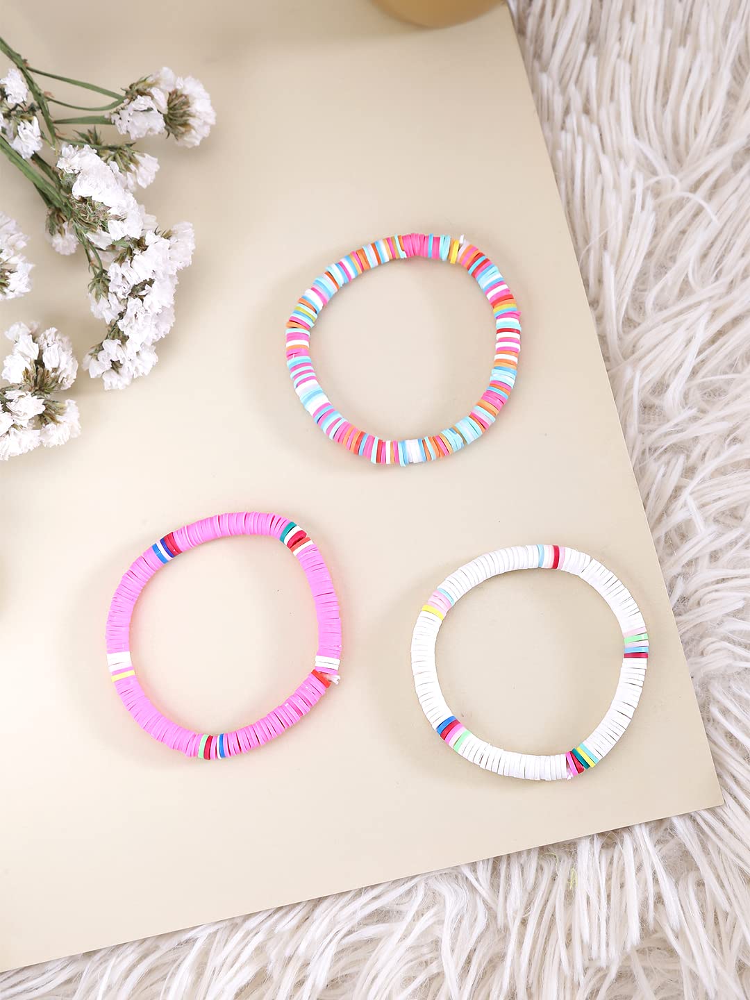 Yellow Chimes Bracelets for Women Combo of 3 PCs Heishi Bracelet Set Lightweight Rainbow Summer Beach Accessory for Girls and Women.