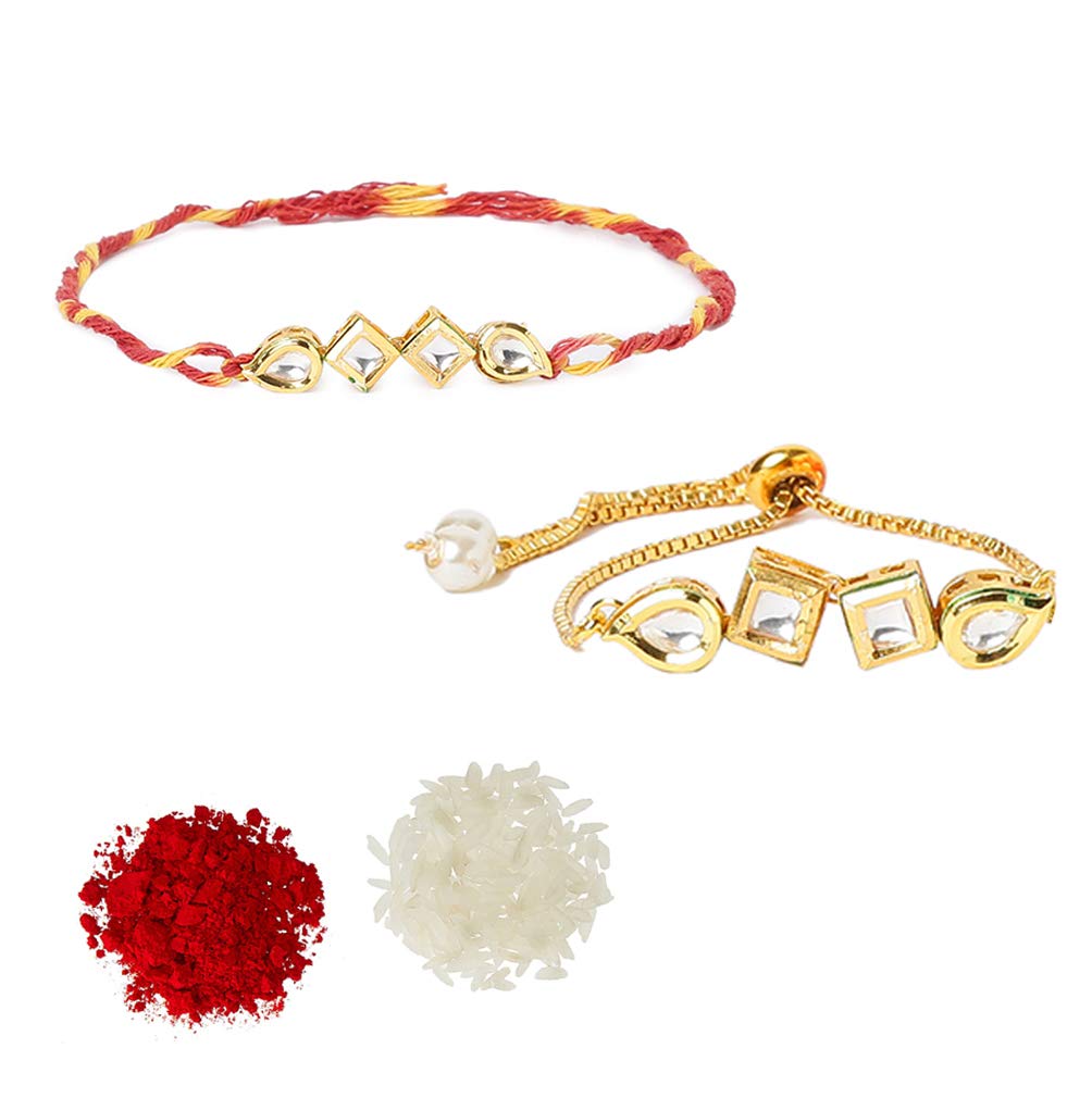 Yellow Chimes Rakhi for Brother and Bhabhi Gold Plated Kundan Bhaiya Bhabhi Rakhi Set Handmade Dori Worked Rakhi Combo of 2 PCs Men Rakhi Bracelet With Roli & Chawal