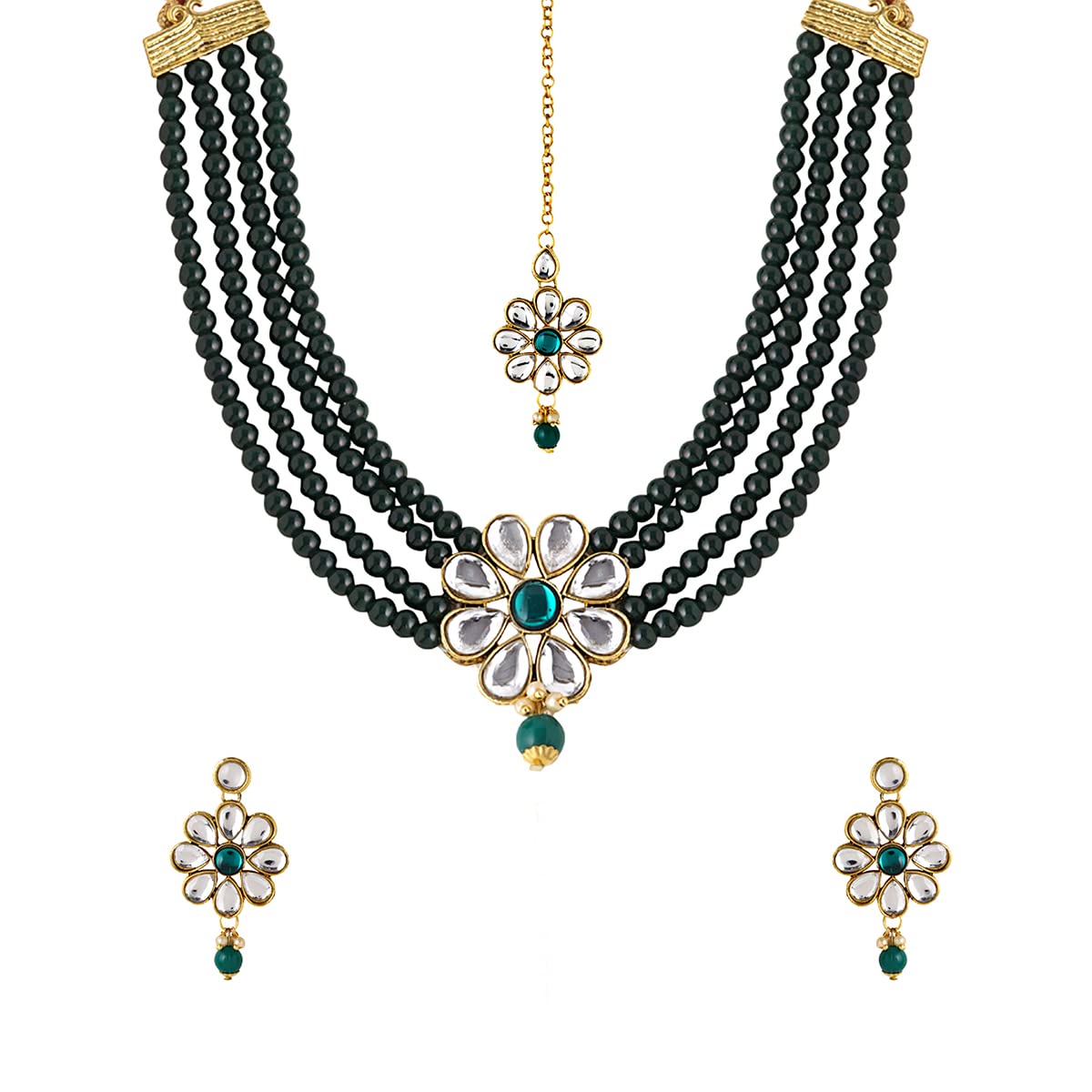 Yellow Chimes Jewellery Set Green Beads Floral Charm Kundan Studded Beads Drop Neckalce Set with Earrings & Maangtikka for Women and Girls