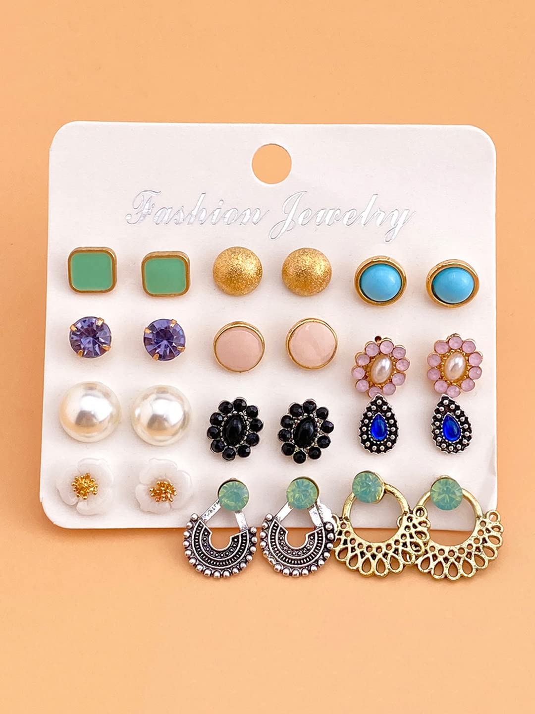 Yellow Chimes Stud Earrings for Women Set of 12 Pairs Multicolor Stones Colourful Combo Stud Earrings For Women and Girls