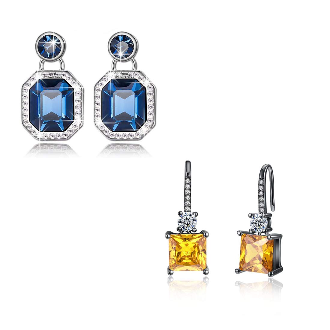 Yellow Chimes Combo of Two Pairs Classic Blue Royal Crystal Black Gun Plated Yellow Crystal Drop Earrings for Women and Girls