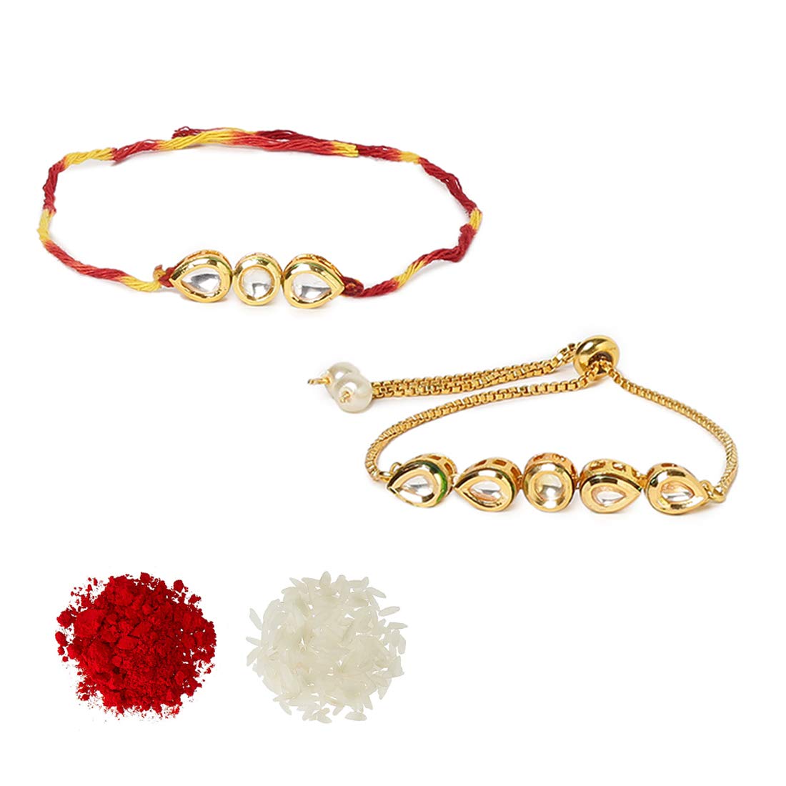 Yellow Chimes Rakhi for Brother and Bhabhi Gold Plated Kundan Bhaiya Bhabhi Rakhi Set Handmade Dori Worked Rakhi Combo of 2 PCs Men Rakhi Bracelet With Roli & Chawal