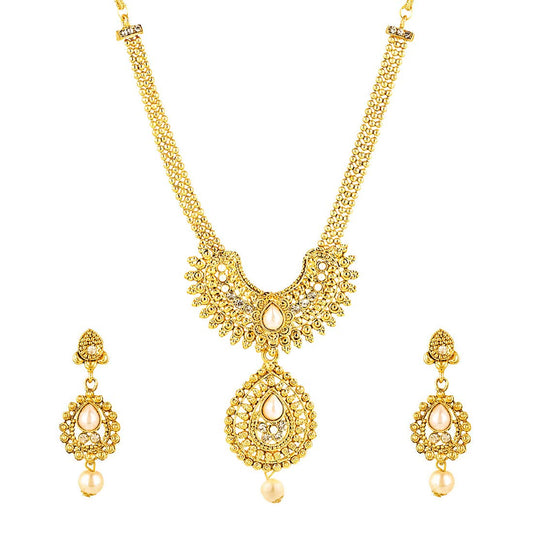 Yellow Chimes Gold Plated Moti Pearl Jewellery Necklace Set with Earrings for Women and Girls