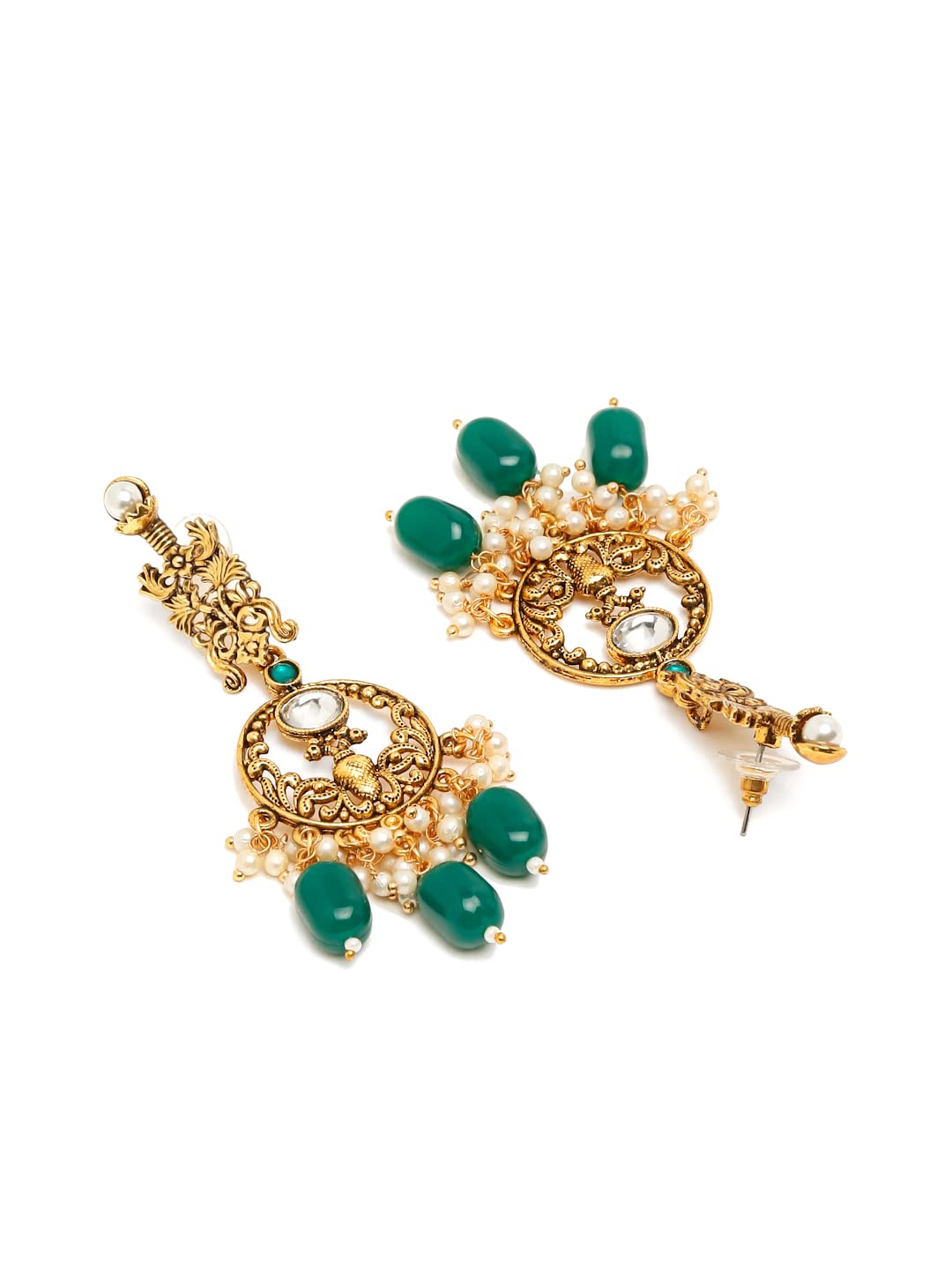 Kairangi Earrings for Women Oxidised Gold Pearl Crystal Studded Green White Beads Drop Dangler Drop Earrings for Women and Girls