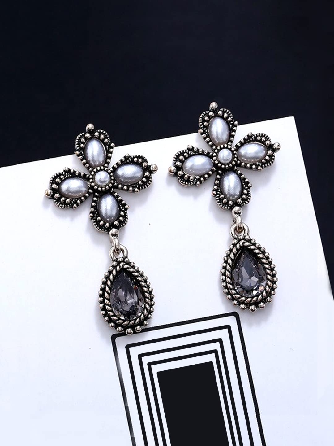 Yellow Chimes Floral Earrings for Women Oxidised Silver-Plated Floral Drop Earrings For Women and Girls