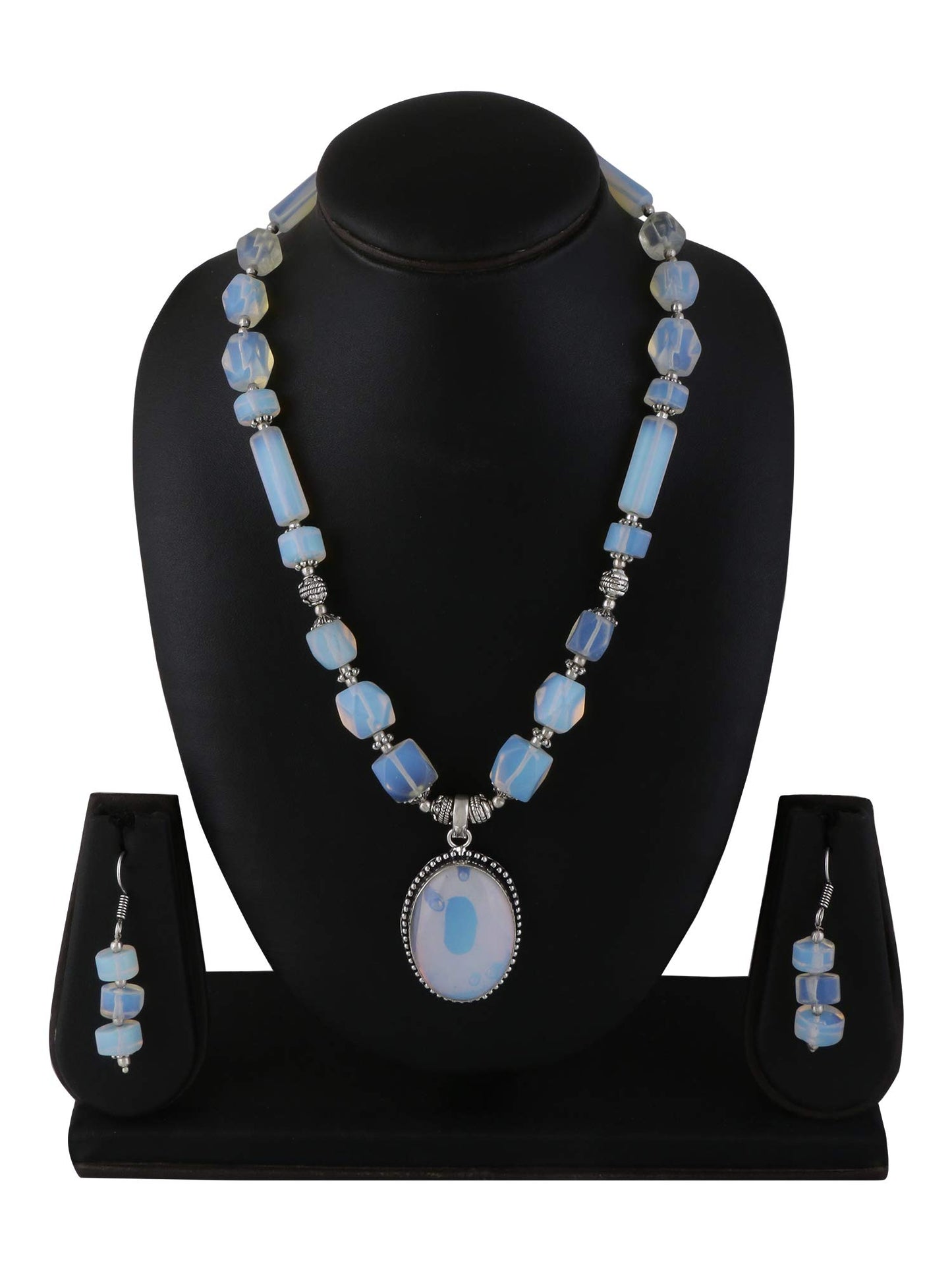 Yellow Chimes German Oxidized Silver Ethnic Moonstone Quartz Beads Beautiful Handmade Designer Necklace Set with Earrings Jewellery Set for Women and Girls (White)