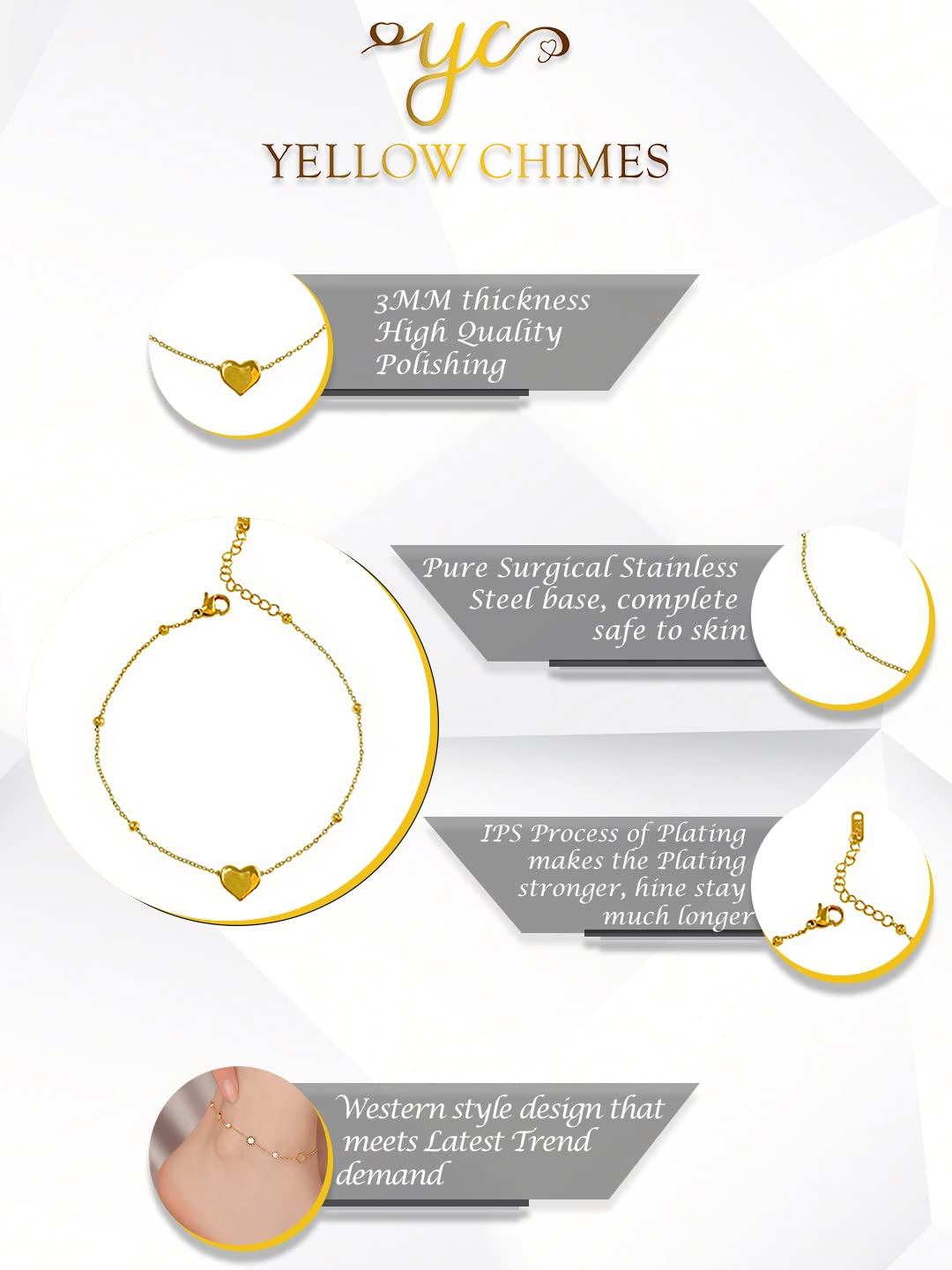 Yellow Chimes Anklets for Women Gold-Plated Heart-Shaped Fashion Anklet Payal for Women and Girls