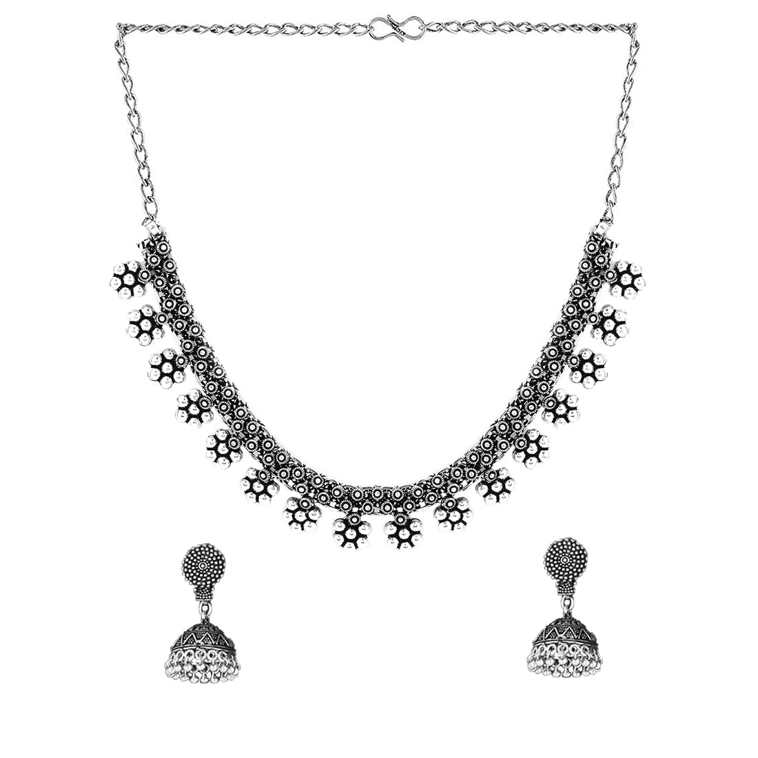 Yellow Chimes Ethnic German Silver Oxidised Choker Necklace Set with Earrings Traditional Jewellery Set for Women and Girls