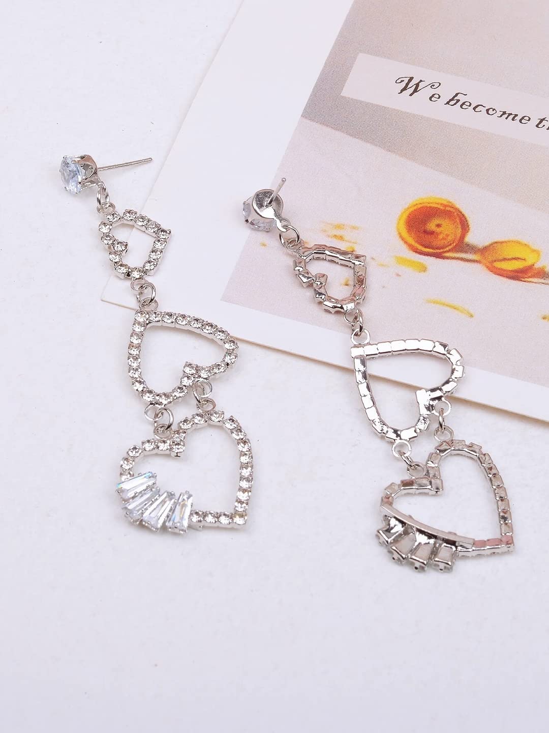 Yellow Chimes Earrings For Women Silver Toned Sparkling Crystal Studded Open Heart Hanging Drop Dangler Earrings For Women and Girls