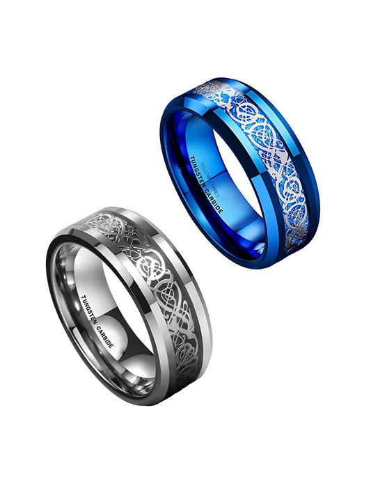Yellow Chimes Rings for Men 2 Pcs Combo Silver and Blue Colored Dragon Celtic Inlay Polish Finish Titanium Steel Rings for Men & Boys