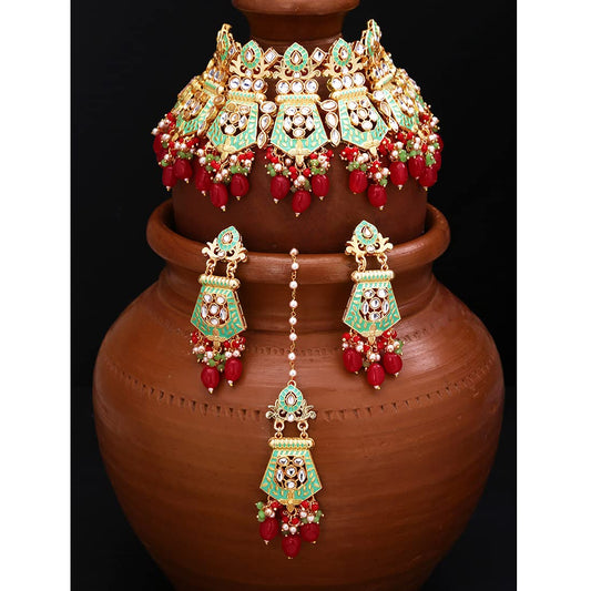 Yellow Chimes Ethnic Gold Plated Kundan Red Beads Design Jewellery Set Green Meenakari Choker Necklace Set with Earrings and maang Tikka for Women and Girls