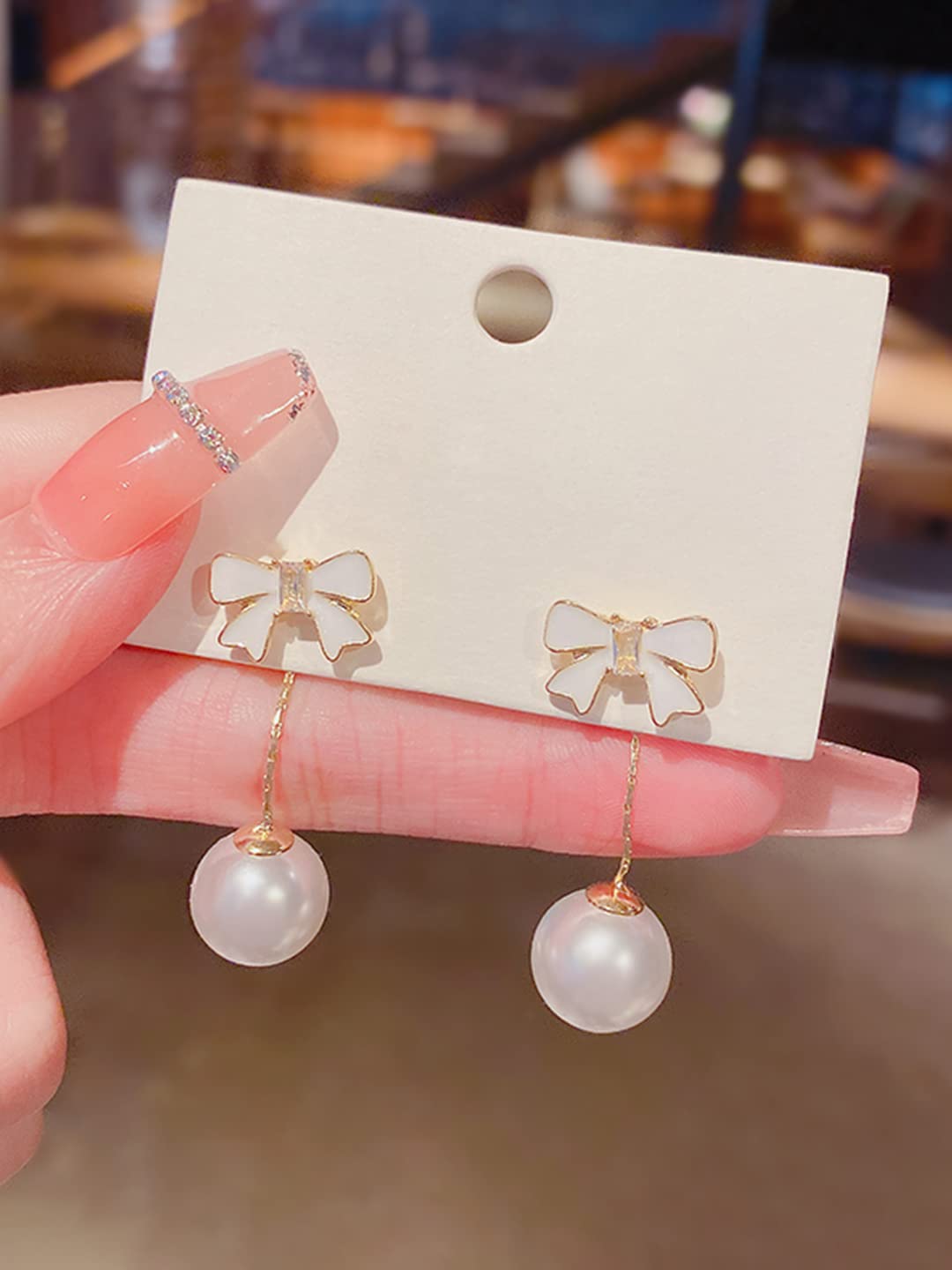 Yellow Chimes Earrings For Women Statement Bow Shaped Stud Pearl Hanging Back Drop Earrings For Women and Girls