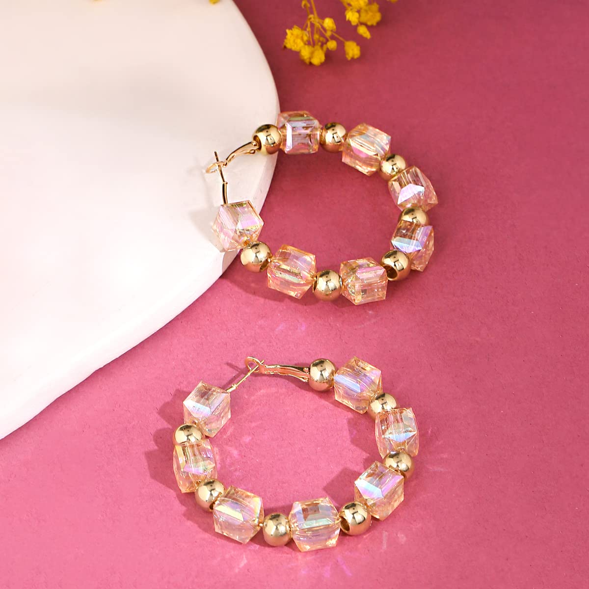 Yellow Chimes Earrings For Women Gold Tone Pink Crystal Studded Hoop For Women and Girls