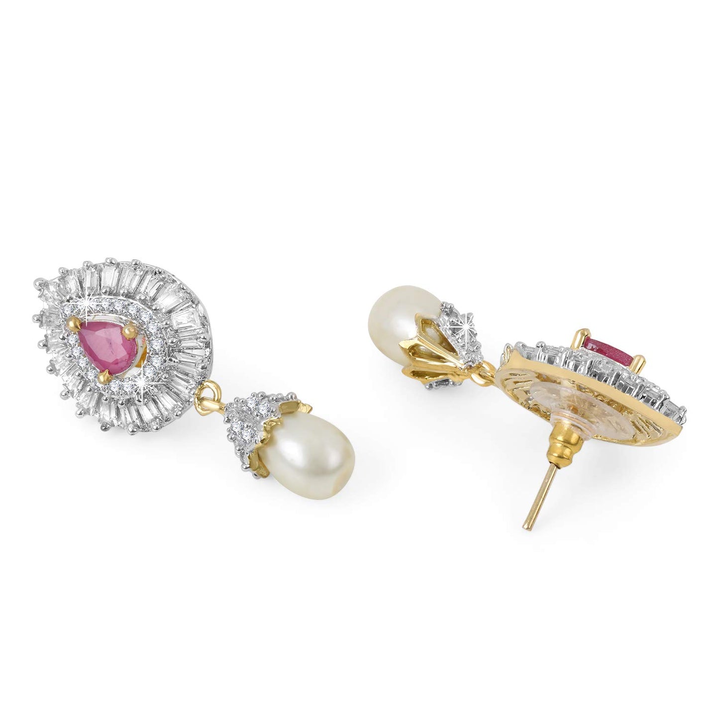 Yellow Chimes Elegant Pink AD/American Diamond Studded 18k Gold Plated HandCrafted Pearl Drop Earrings for Women & Girls