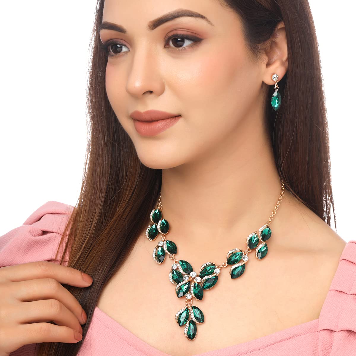 Yellow Chimes Jewellery Set For Women Dark Green Oval Shaped Crystal Studded Necklace Set For Women and Girls
