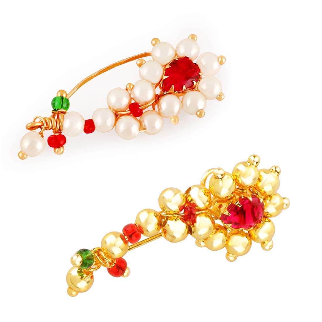 Yellow Chimes Combo of 2 Pcs Gold Plated Maharashrian Style Without Piercing Pearl Traditional Marathi Nose pin Wedding Nath for Women