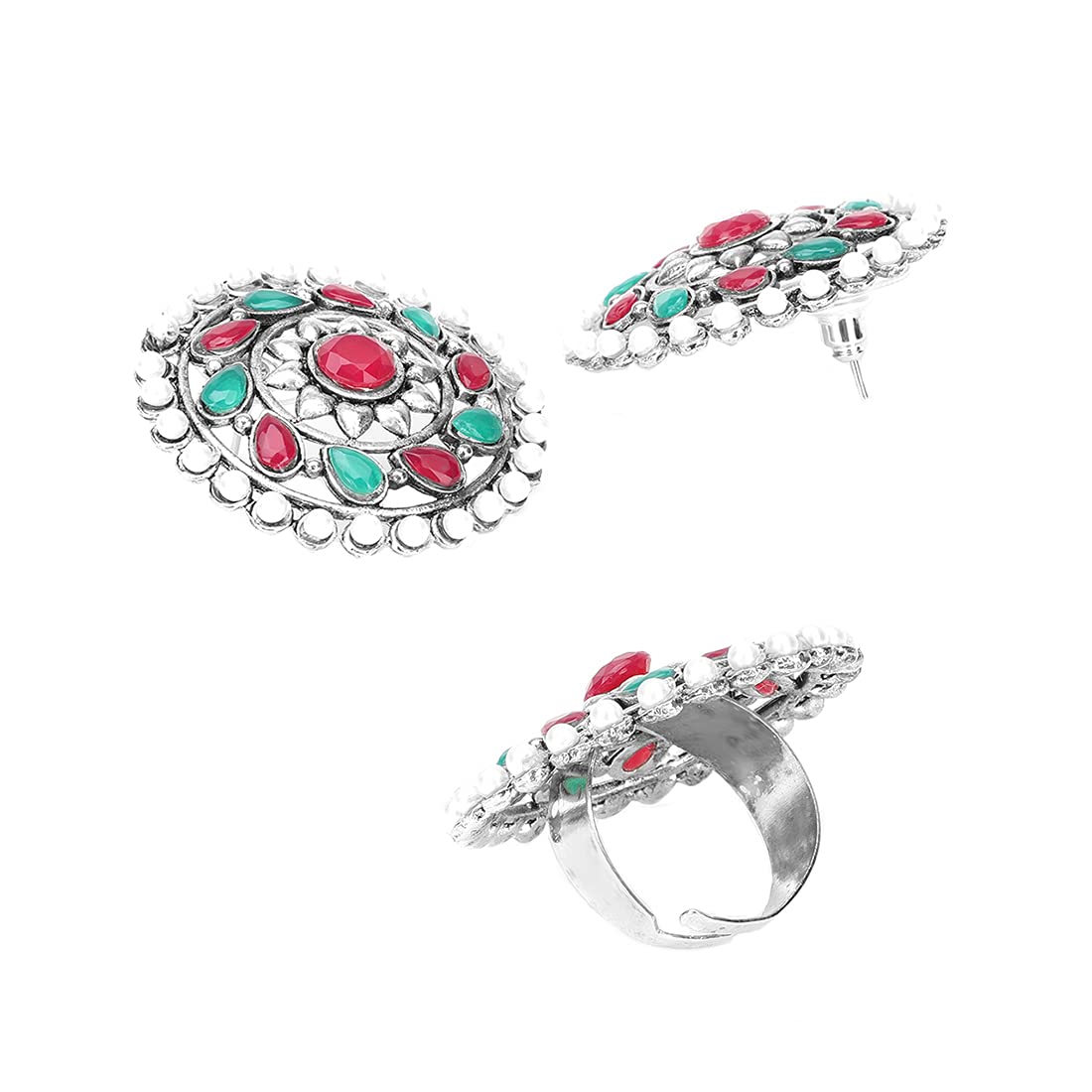 Yellow Chimes Ethnic German Silver Oxidised Multicolor Studded stones Round Traditional Stud Earrings and Ring Set for Women And Girls, Silver, Multicolor, Medium (YCTJER-89STNCIRST-MC)