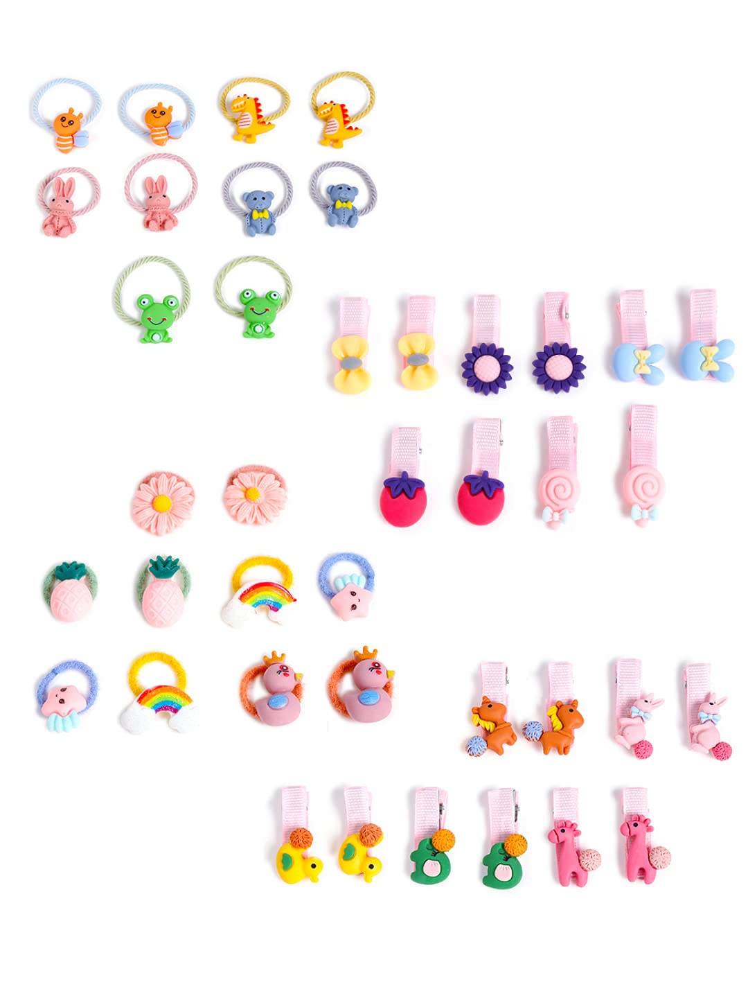 Melbees by Yellow Chimes Hair Clips for Girls 20 PCS Hairclips Set 10 Pairs Rubber Bands Ponytail Holder Cute Characters Rubber Bands for Kids and Girls Hair Accessories.