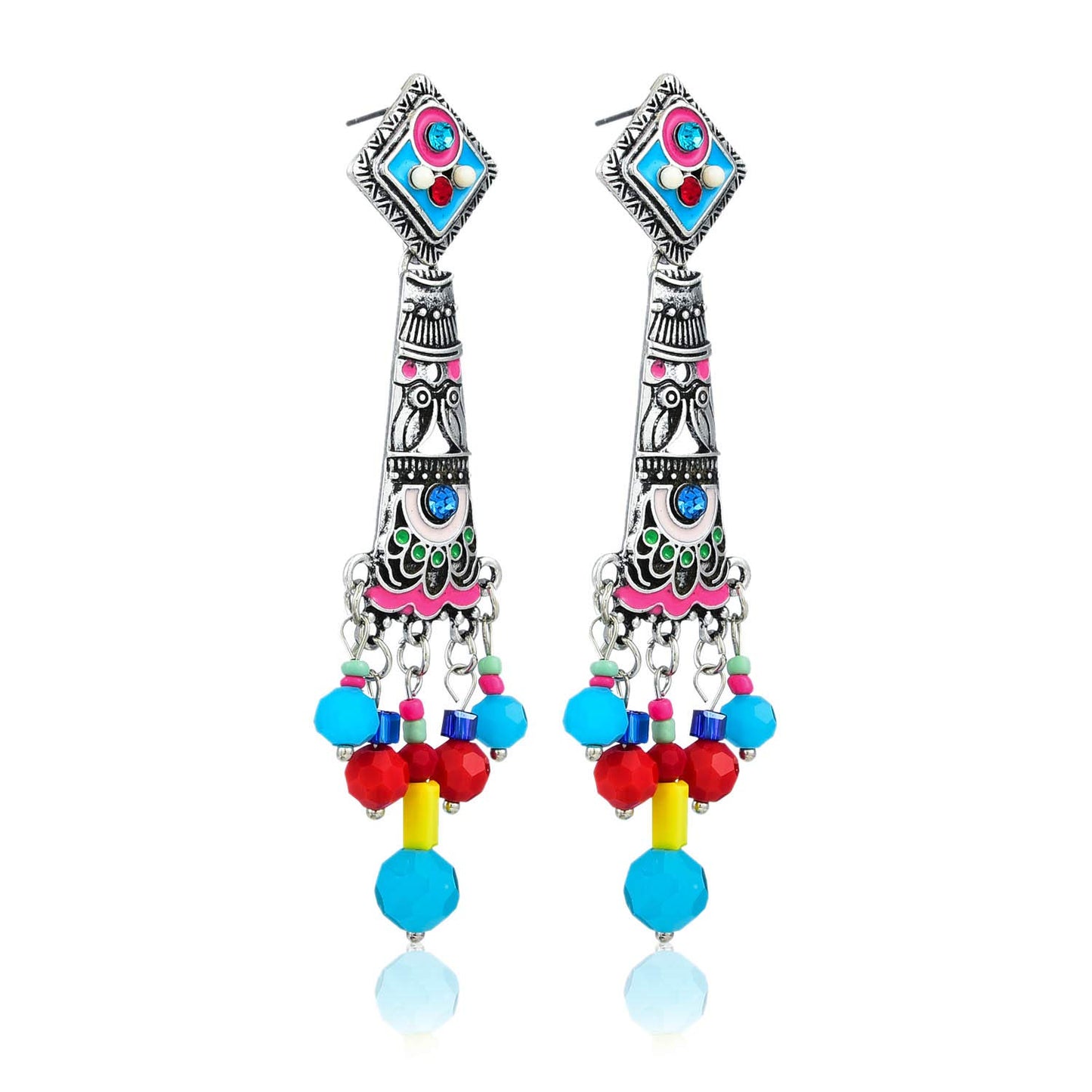 Yellow Chimes Oxidised Silver Multicolor Enameled Drop Earrings for Women & Girls