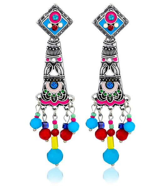 Yellow Chimes Oxidised Silver Multicolor Enameled Drop Earrings for Women & Girls