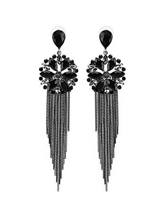 Yellow Chimes Danglers Earrings for Women Black Crystal Earrings Long Chains Tassel Danglers Earrings for Women and Girls.