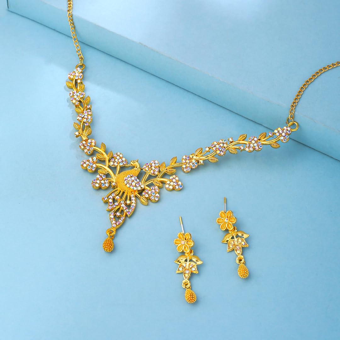 Yellow Chimes Jewellery Set for Women and Girls Gold Necklace Set for Women | Gold Toned Crystal Studded Peacock Designed Necklace Set | Birthday Gift for girls and women Anniversary Gift for Wife
