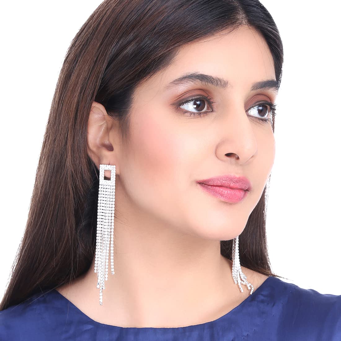 Kairangi Earrings for Women and Girls | Fashion White Crystal Studded Dangler Earring | Silver Toned Western Long Dangler Earrings | Birthday Gift for Girls and Women Anniversary Gift for Wife