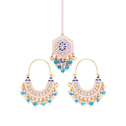 Yellow Chimes Ethnic Gold Plated Traditional Studded Stone Blue Beads Pink Meenakari Chandbali Earrings with Maangtikka for Women and Girls, Medium (YCTJER-108CNDMGT-PK)