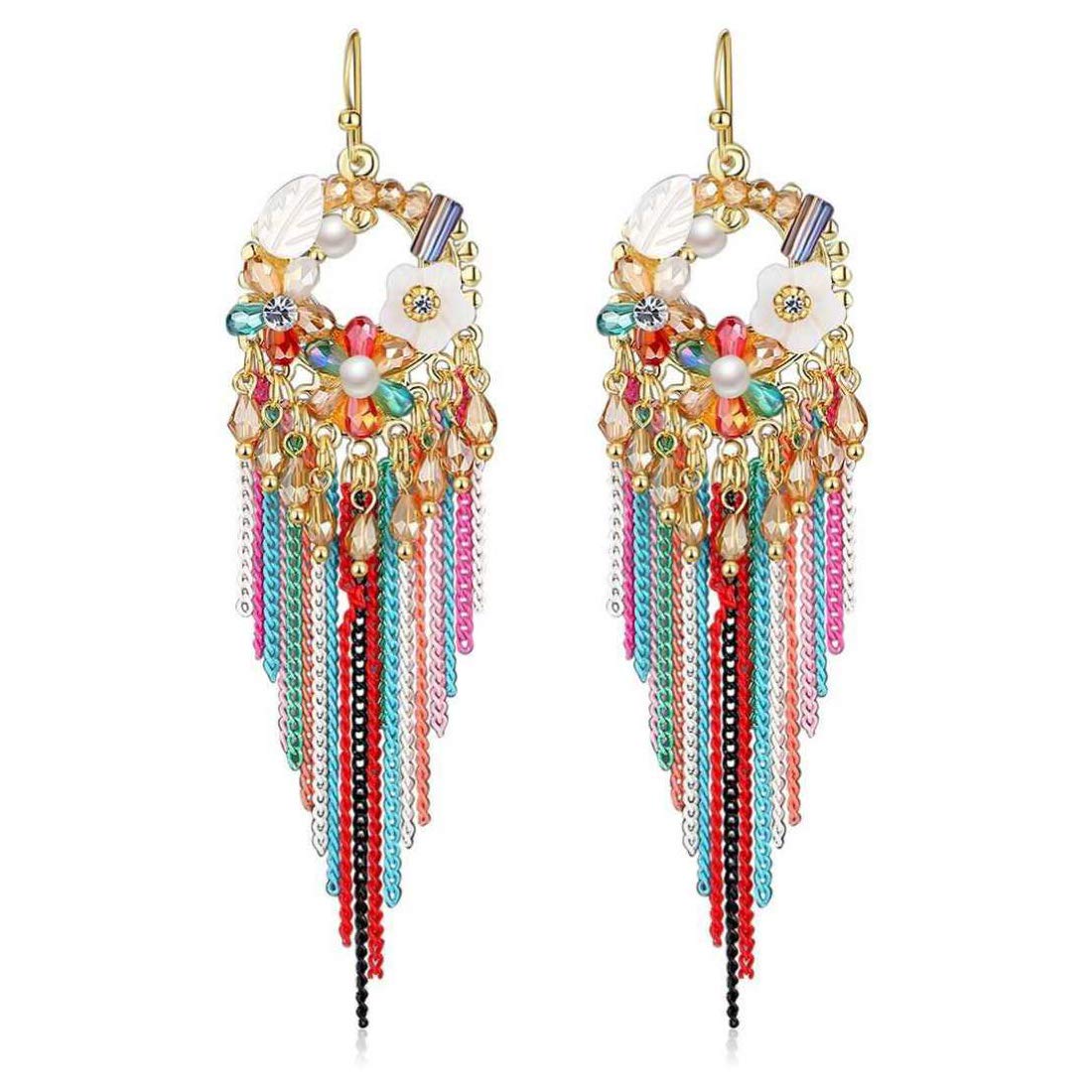 Yellow Chimes Exclusive Designer Luxurious Limited Edition Sparkling Colors Onyx Pearl Crystal Chain Dangle Tassel Earrings For Women