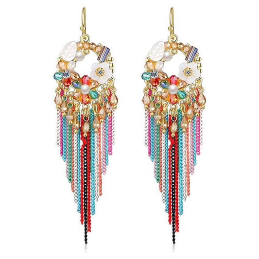 Yellow Chimes Exclusive Designer Luxurious Limited Edition Sparkling Colors Onyx Pearl Crystal Chain Dangle Tassel Earrings For Women