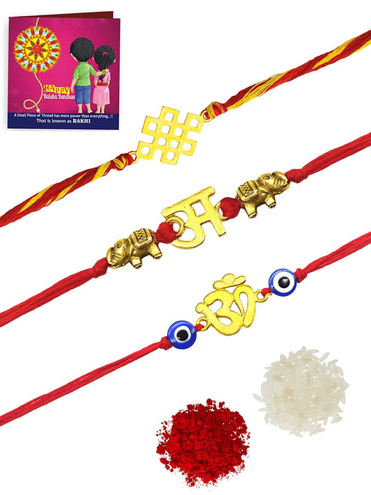 Yellow Chimes Combo of 3 Pcs Handmade Dori Worked Gold Toned OM Initial Letter A and Celtic Design Evil Eye Beads Rakhi for Brother with Roli & Chawal, Red, Gold, Medium (YCTJRK-33BHAY-GL)