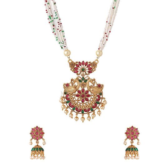 Yellow Chimes Jewellery Set for Women and Girls Temple Jewellery Set for Women Traditional | Gold Plated Necklace Set | Studded Stone Antique Jewellery | Birthday Gift for girls and women Anniversary Gift for Wife